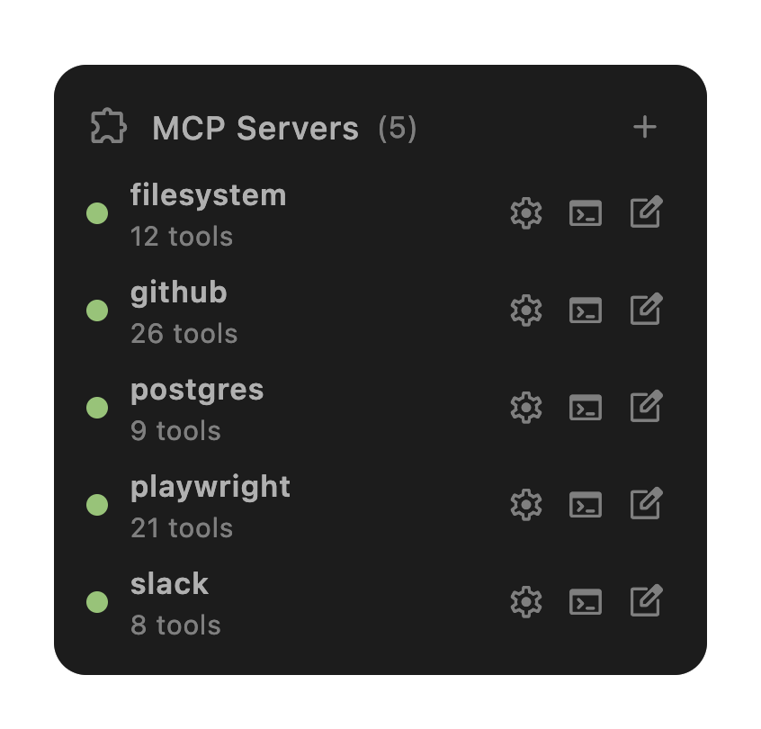 Kodein MCP Servers panel listing connected servers — filesystem, github, postgres, playwright, slack — with live status and tool counts