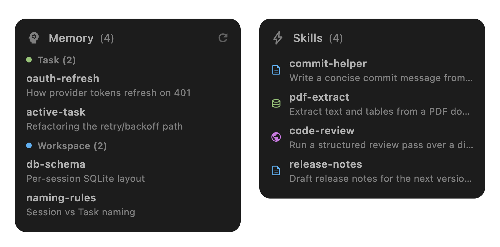 Kodein Memory and Skills sidebars listing remembered project facts and reusable skills