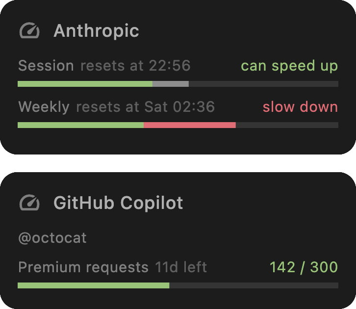 Kodein quota cards showing live usage for a Claude subscription and a GitHub Copilot plan