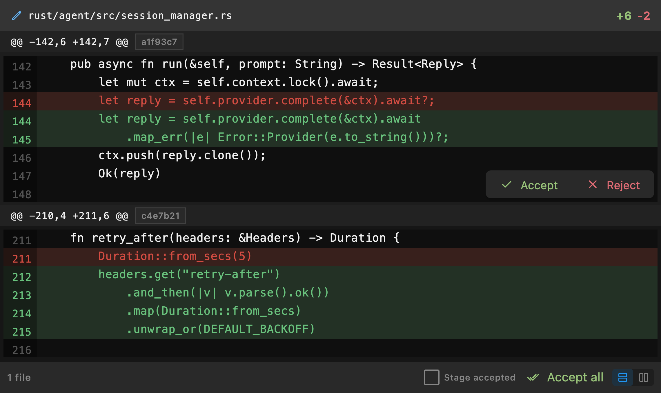 Kodein review panel showing a syntax-highlighted diff with per-hunk Accept and Reject buttons